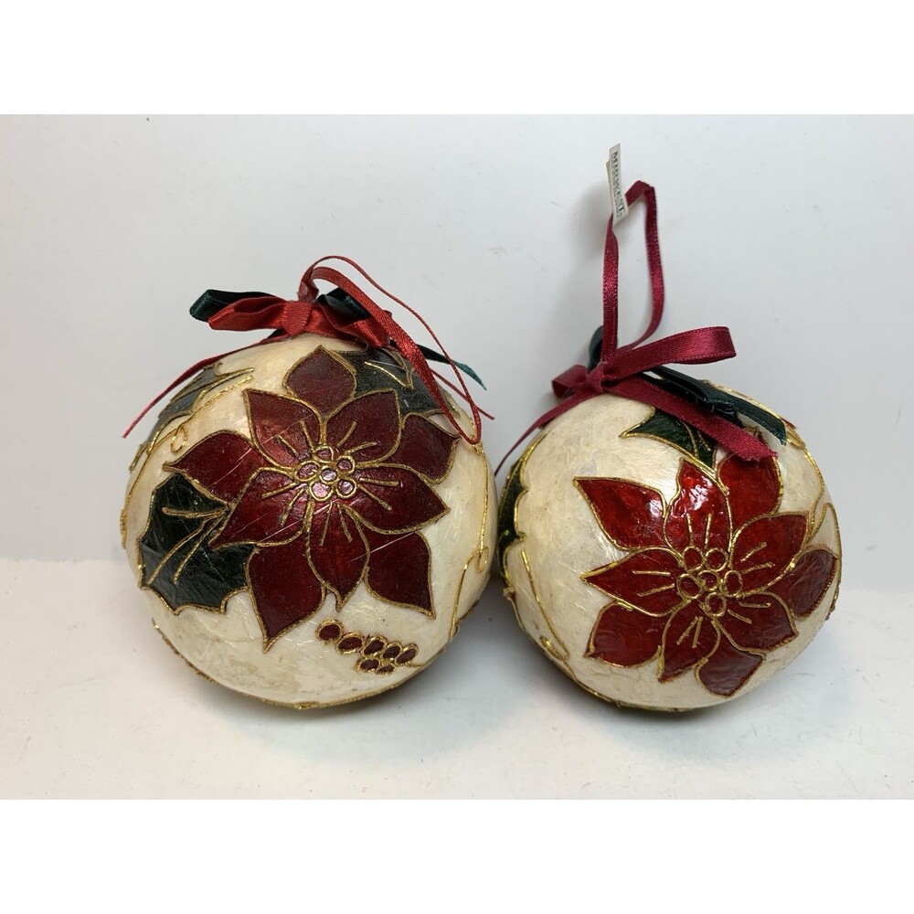 Capiz Shell Christmas Ornaments Poinsettia Mâché Holiday Decoration Red White